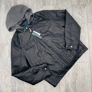 NWT Perry Ellis Mens Faux Leather Jacket with Removable Hood
